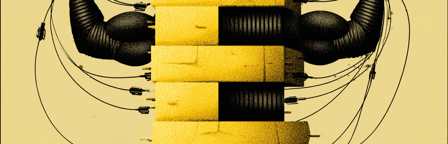 A muscular figure E with stone blocks as a body, arms flexed, connected by wires and plugs, against a yellow background.